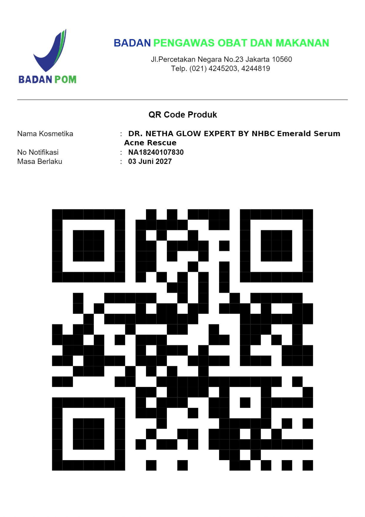 Nomor BPOM Emerald Serum Acne Rescue